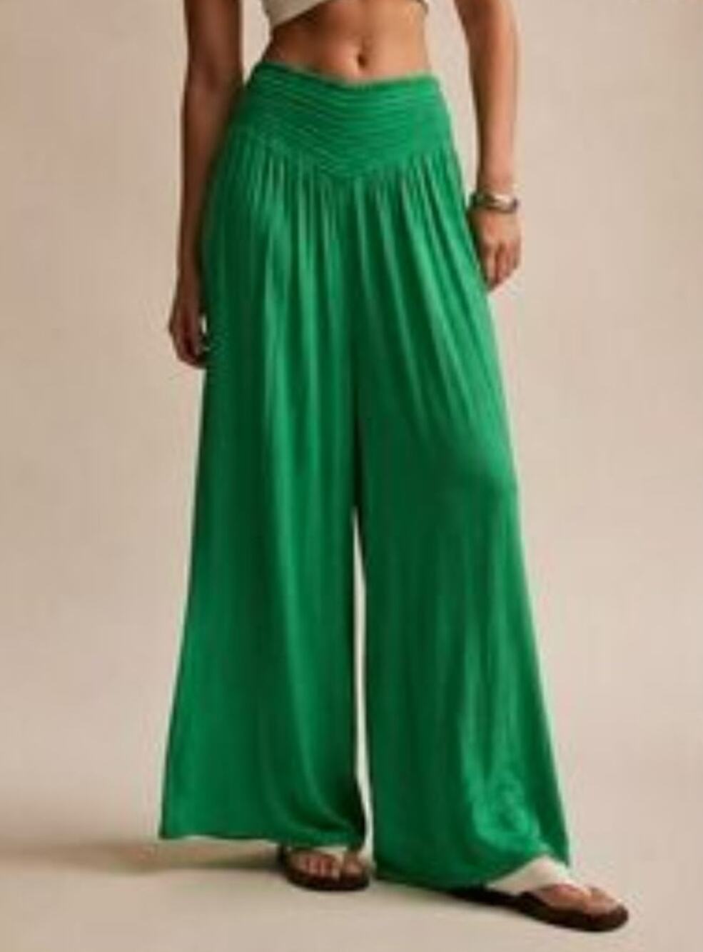 NT By Amati Washed Satin Wide Pants Waist Smocked Green M/L Luxury Chic Resort